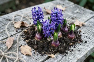 Bulbes de jacinthe orientalis violets posés sur un établi de jardin en bois rustique, prêts à être plantés au printemps