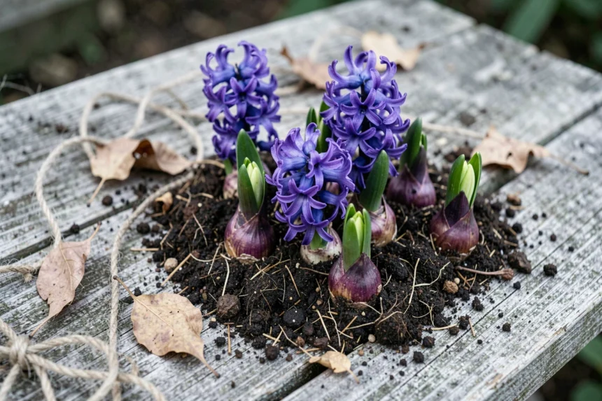 Bulbes de jacinthe orientalis violets posés sur un établi de jardin en bois rustique, prêts à être plantés au printemps