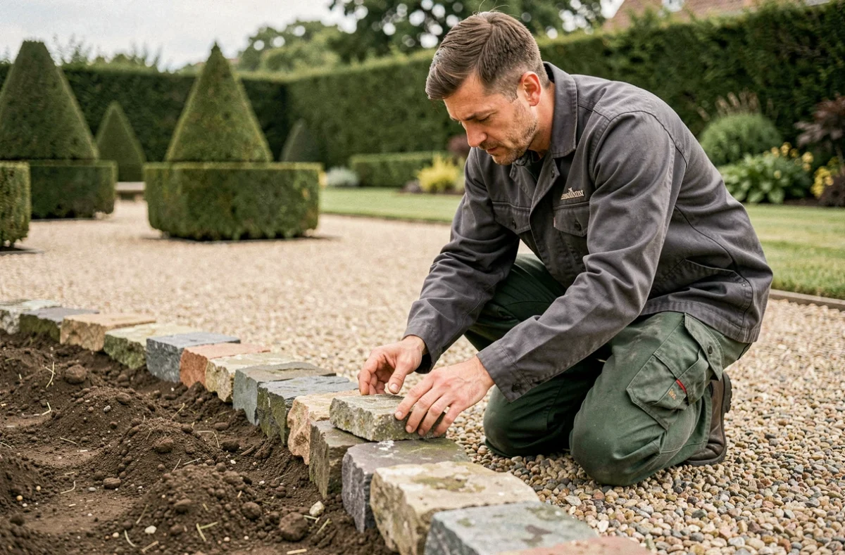 Jardinier de C Carré aménageant une bordure décorative dans un jardin normand géométrique