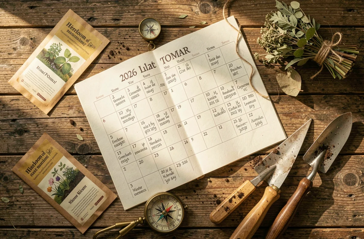 Calendrier lunaire 2026 annoté avec signes du zodiaque, sachets de graines et outils de jardinage sur table en bois