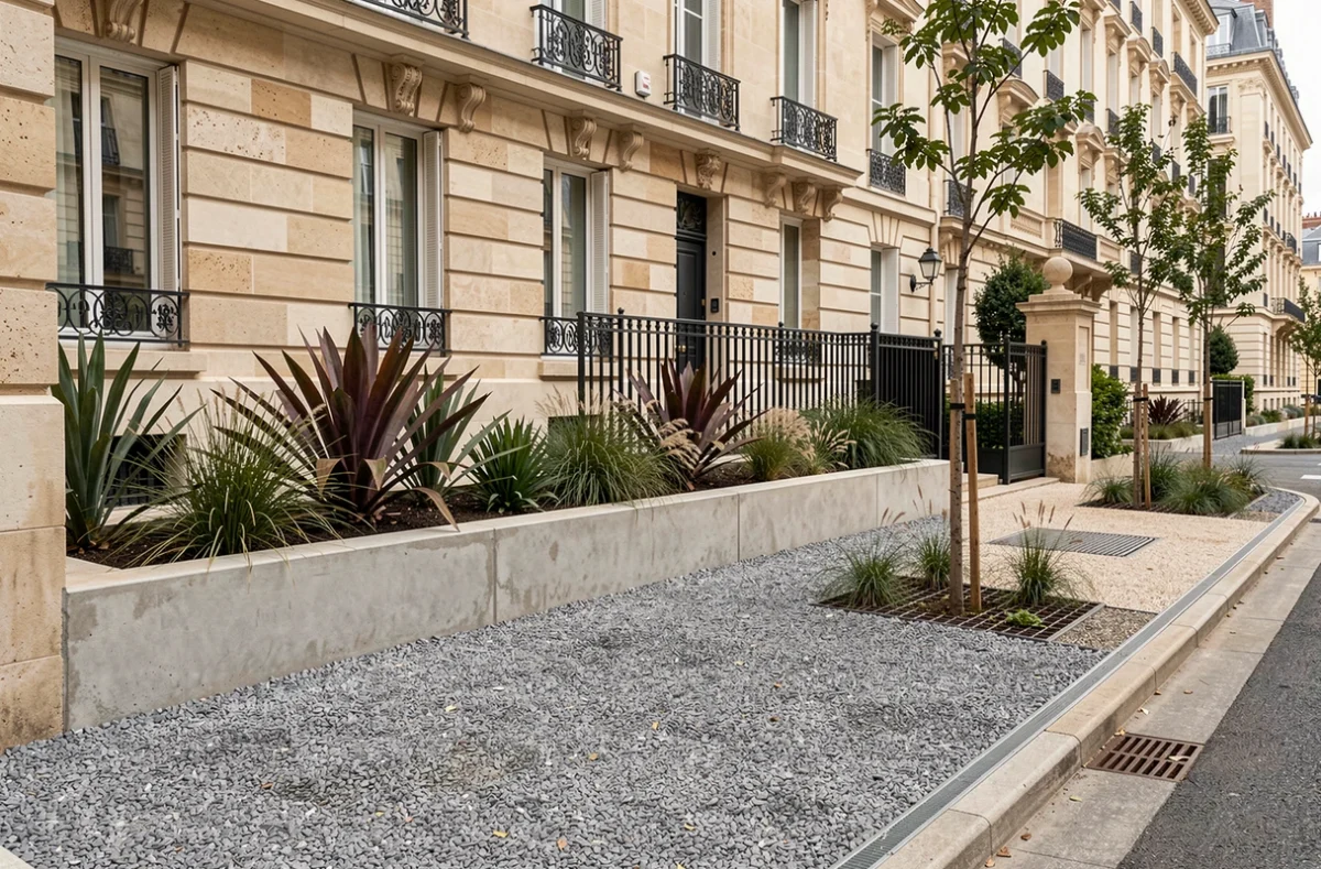 Aménagement extérieur CAP VRD à Paris avec portail acier, graviers résine et plantations structurées