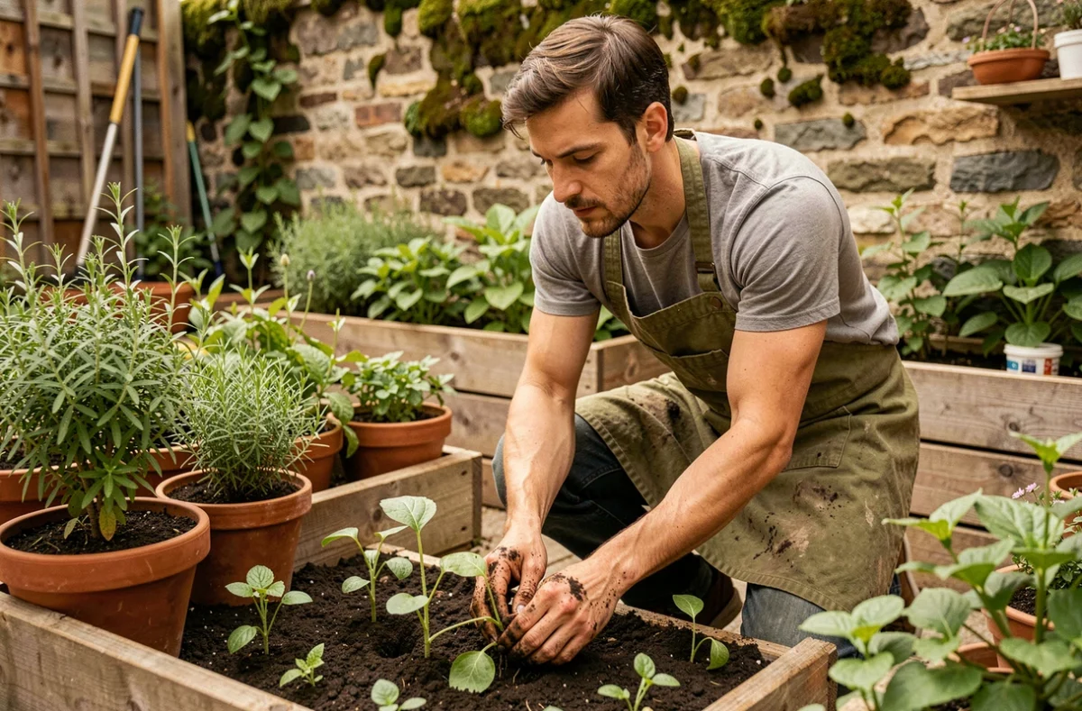 Jardinier paysagiste replantant des semis dans un jardin urbain parisien avec potager en bacs surélevés