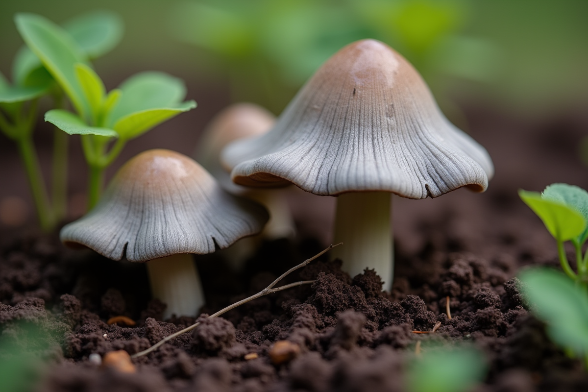 Champignons chanterelles grises dans le compost du jardin