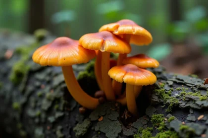 Champignons orange dans une forêt dense et humide