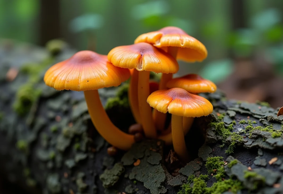 Champignons orange dans une forêt dense et humide