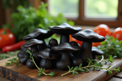 Champignons trumpets noirs fraîchement récoltés sur une table en bois