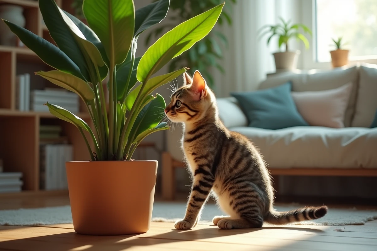 Chat tigré reniflant une grande plante ceriman dans le salon