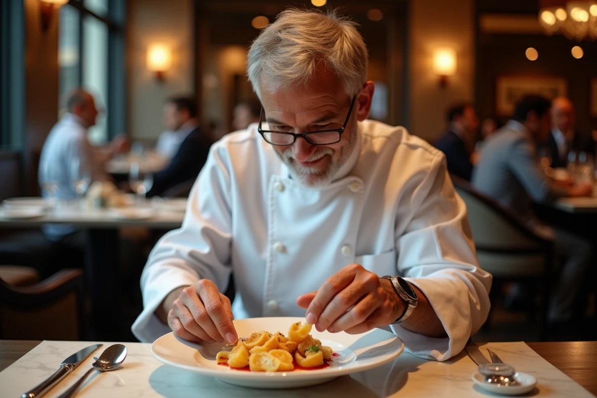 Chef arrangeant des tranches de ceriman sur un dessert