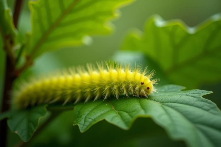 Chenille jaune et verte rampant sur une feuille de chêne dans une forêt française au printemps
