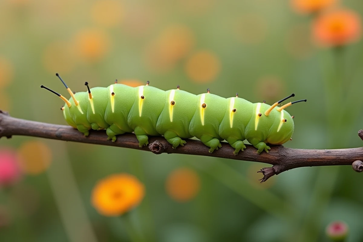 Chenille verte à bandes jaunes sur une branche de rosier sauvage dans un jardin de campagne française