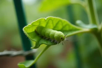 Petite chenille verte sur une feuille de plant de tomate avec traces de morsures dans un potager