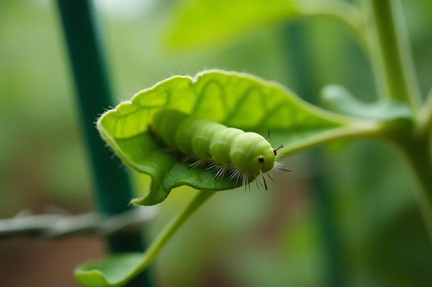 Petite chenille verte sur une feuille de plant de tomate avec traces de morsures dans un potager