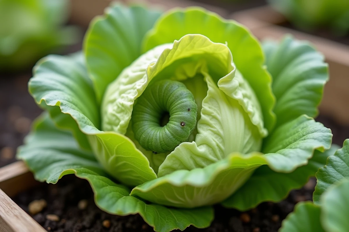 Chenille verte camouflée à l'intérieur d'une feuille de salade avec trous de morsures dans un potager surélevé
