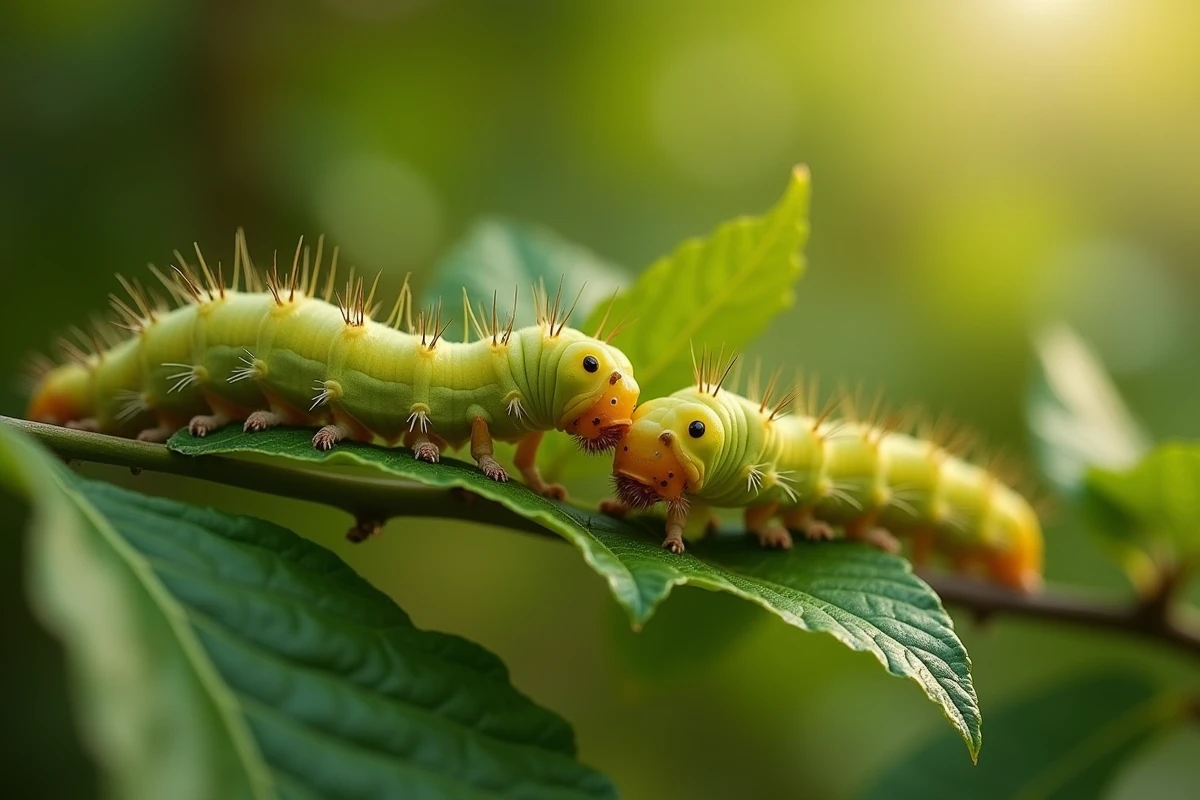 Plusieurs chenilles jaunes et vertes sur une feuille de noisetier dans une haie bocagère française