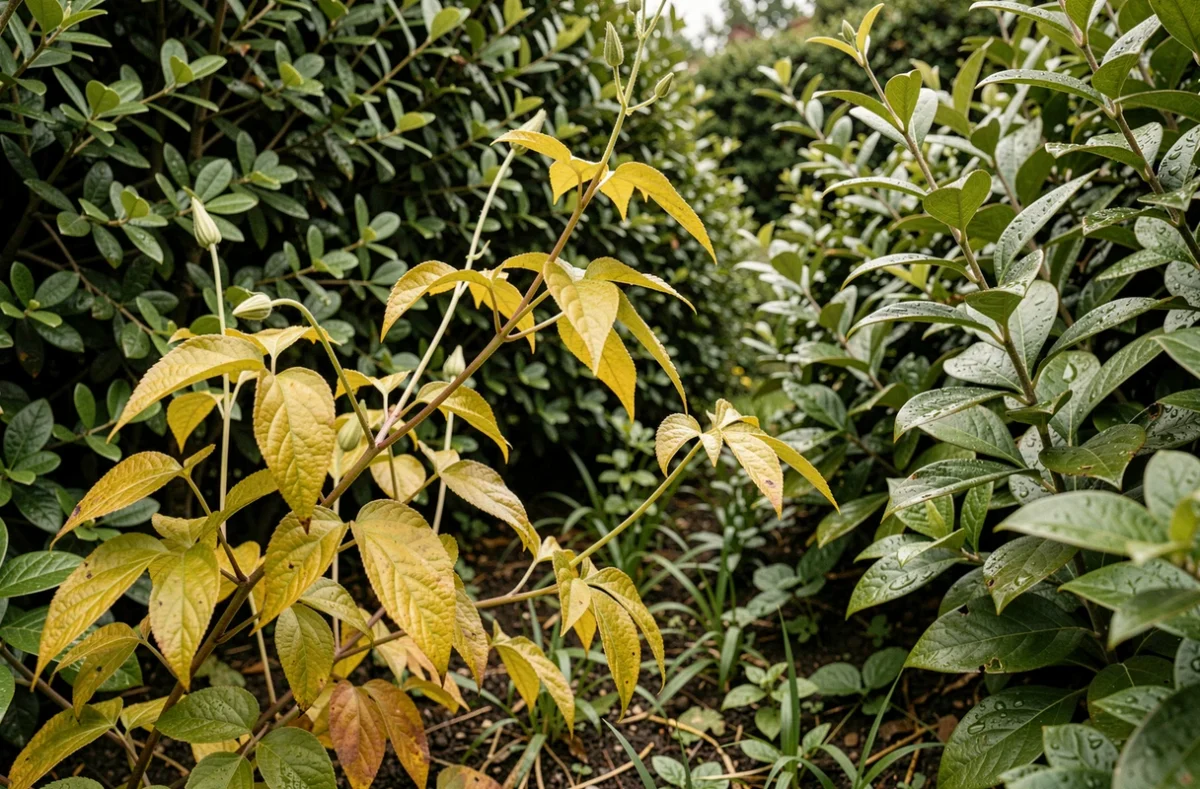 Gros plan sur les feuilles jaunissantes et les tiges étiolées d'une clématite souffrant d'un manque d'exposition au soleil