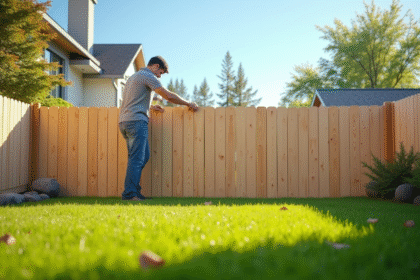 Jardin moderne avec clôture en bois clair ensoleillée
