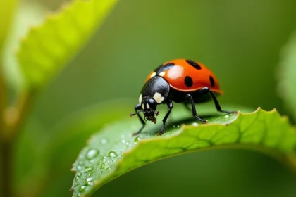 Coccinelle noire à points rouges posée sur une feuille verte en gros plan macro, détail des élytres brillants