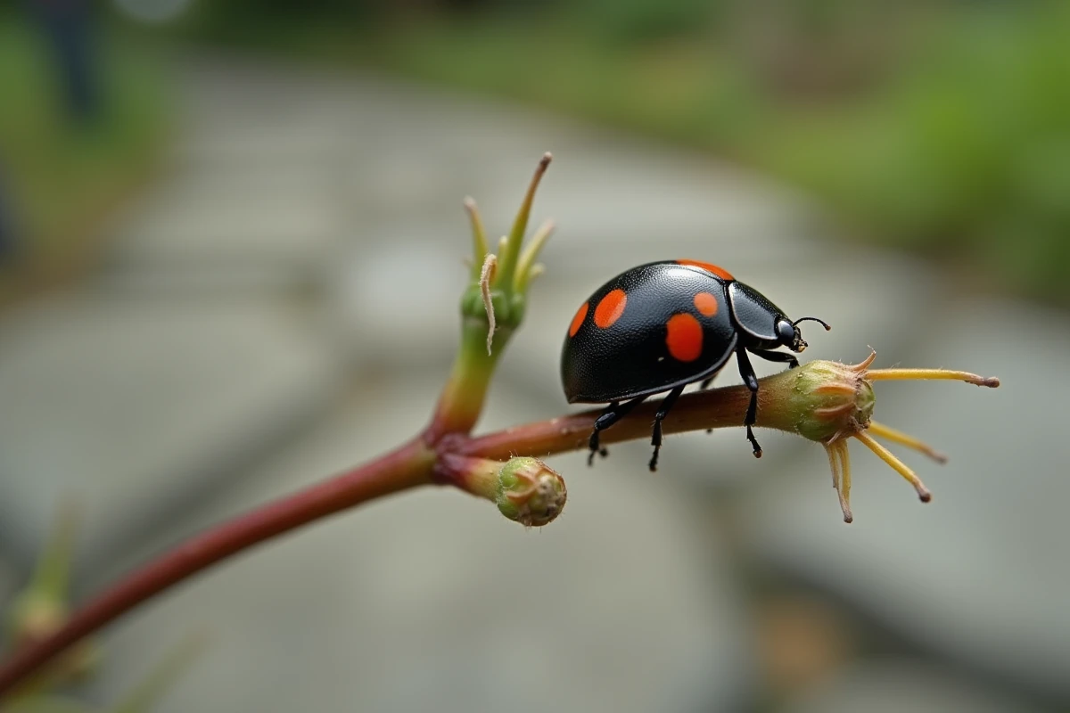 Coccinelle noire à points rouges vue de profil sur une tige de plante sauvage dans un parc urbain