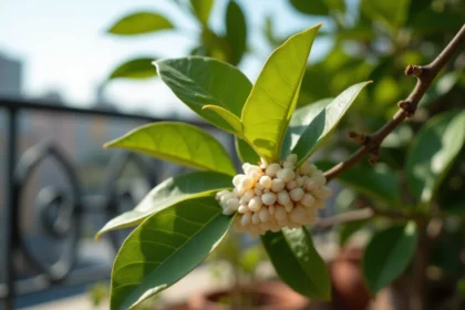 Gros plan sur des cochenilles farineuses sur une branche de citronnier en pot sur balcon urbain