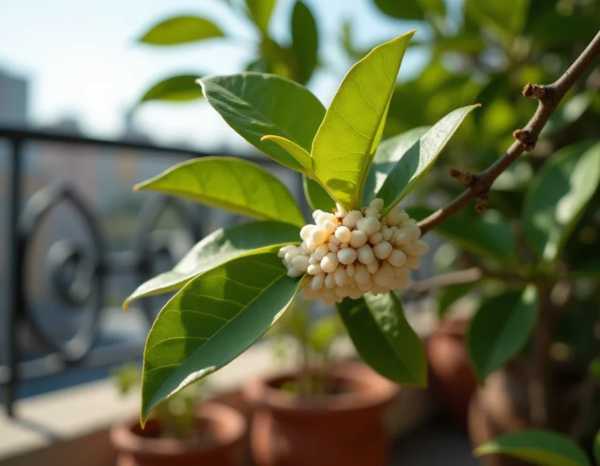Gros plan sur des cochenilles farineuses sur une branche de citronnier en pot sur balcon urbain