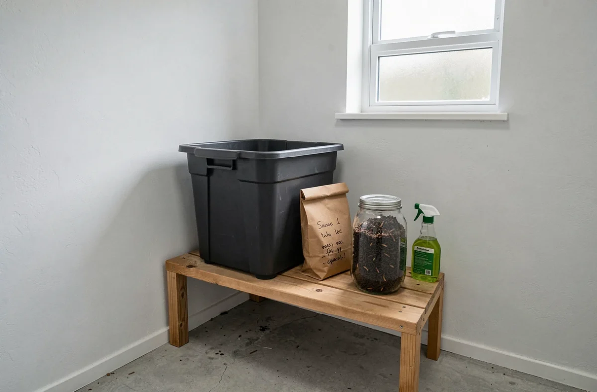 Coin lombricompostage intérieur organisé avec bac, bocal de castings et accessoires sur une étagère en bois