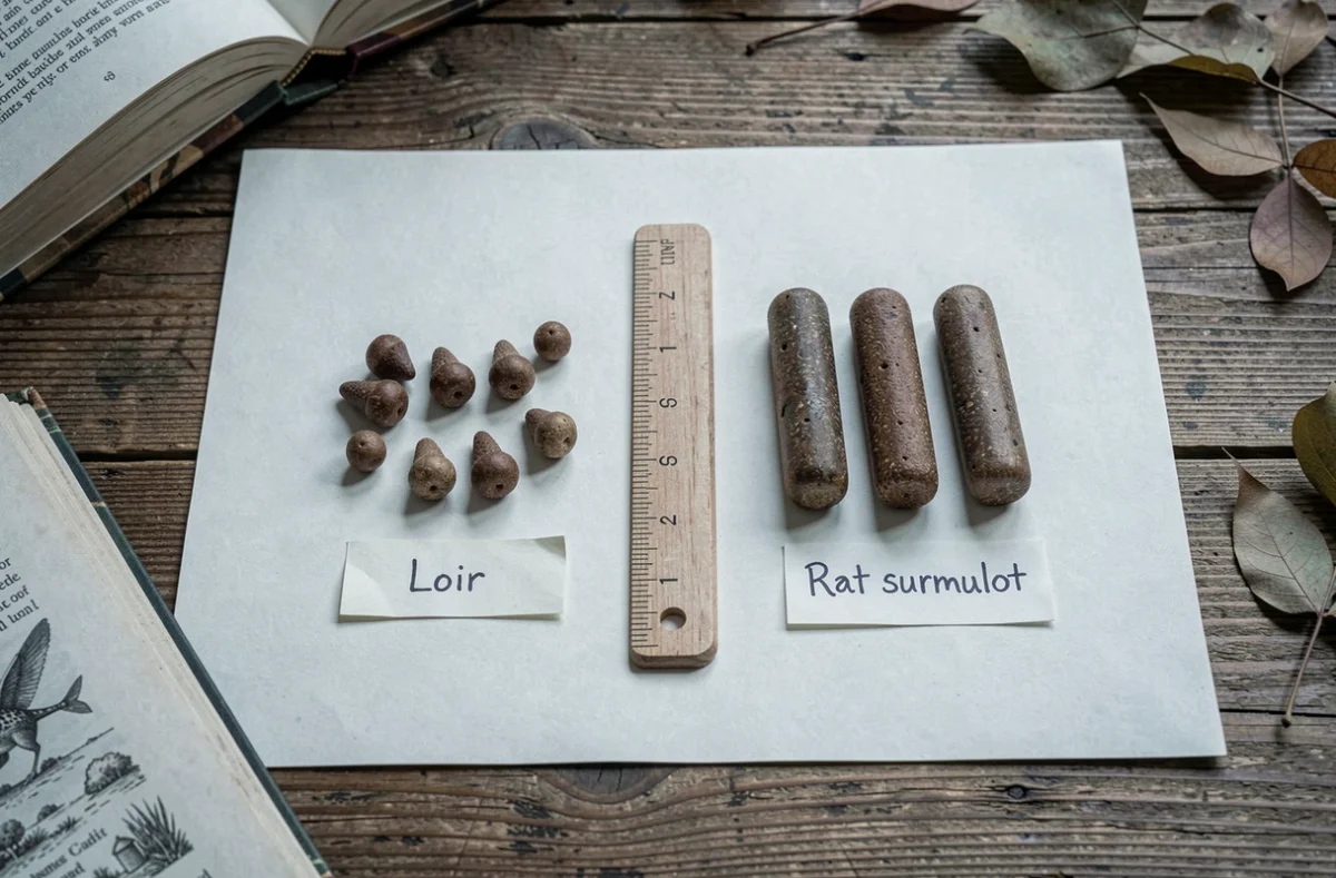 Comparaison côte à côte de crottes de loir et de rat surmulot sur papier blanc avec règle graduée pour identification précise du nuisible