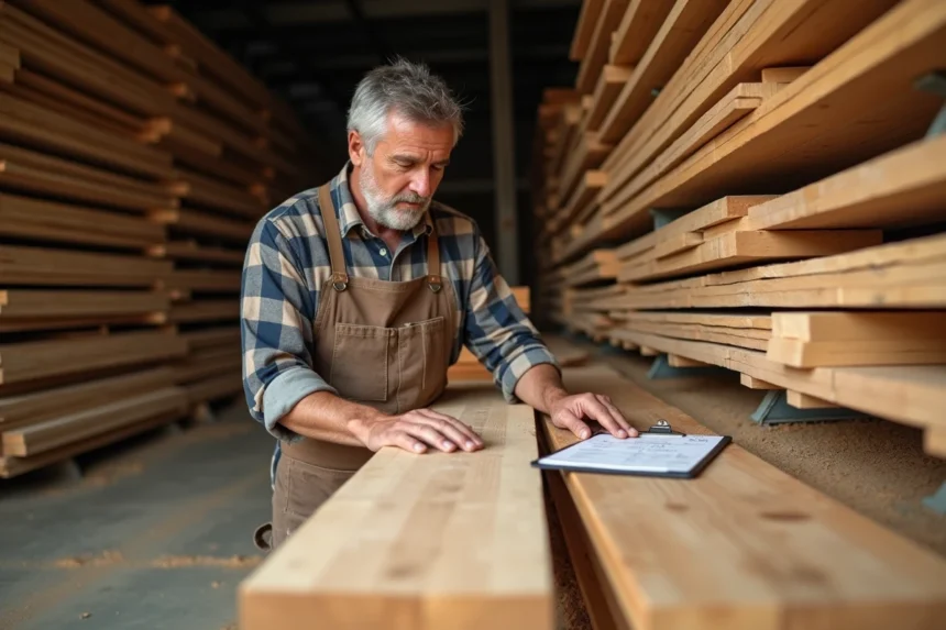Charpentier examinant des planches de chêne dans un dépôt de bois pour comparer les prix au m3