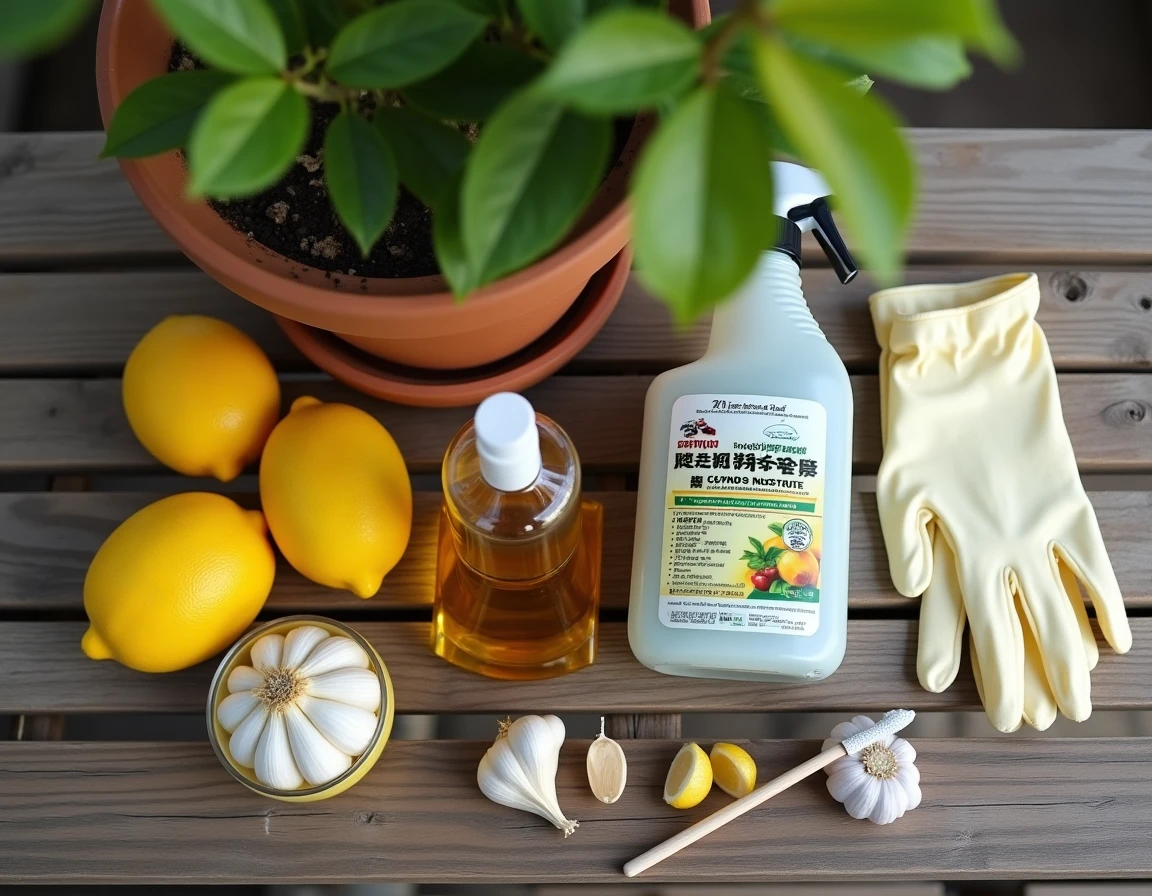 Comparaison entre traitements naturels et chimiques contre la cochenille du citronnier présentés sur une table de balcon