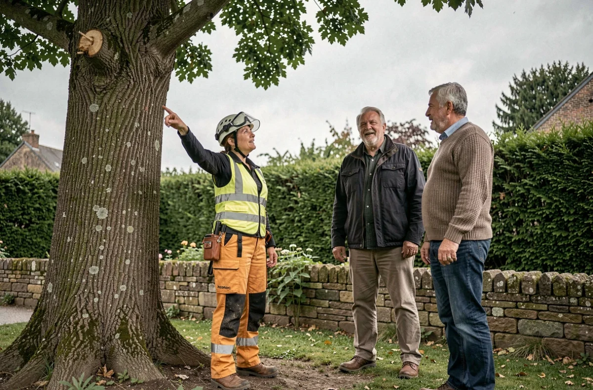 Élagueuse en consultation avec des propriétaires dans leur jardin pour l'élagage d'un peuplier en France