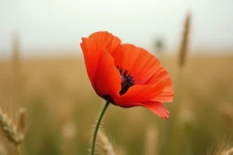 Coquelicot rouge sauvage en fleur dans un champ de blé doré, symbole de souvenir et de fragilité