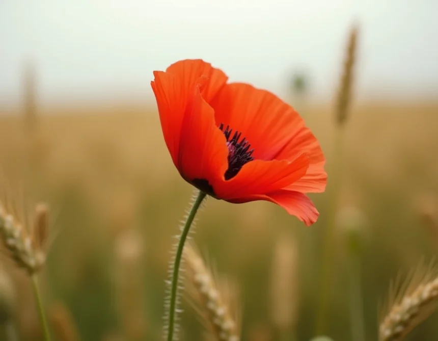 Coquelicot rouge sauvage en fleur dans un champ de blé doré, symbole de souvenir et de fragilité