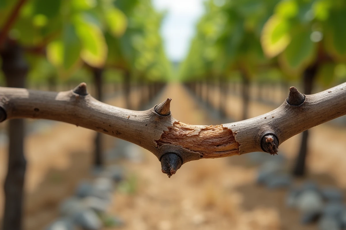 Gros plan sur une coupe de taille mal réalisée sur un sarment de vigne avec bourgeon visible