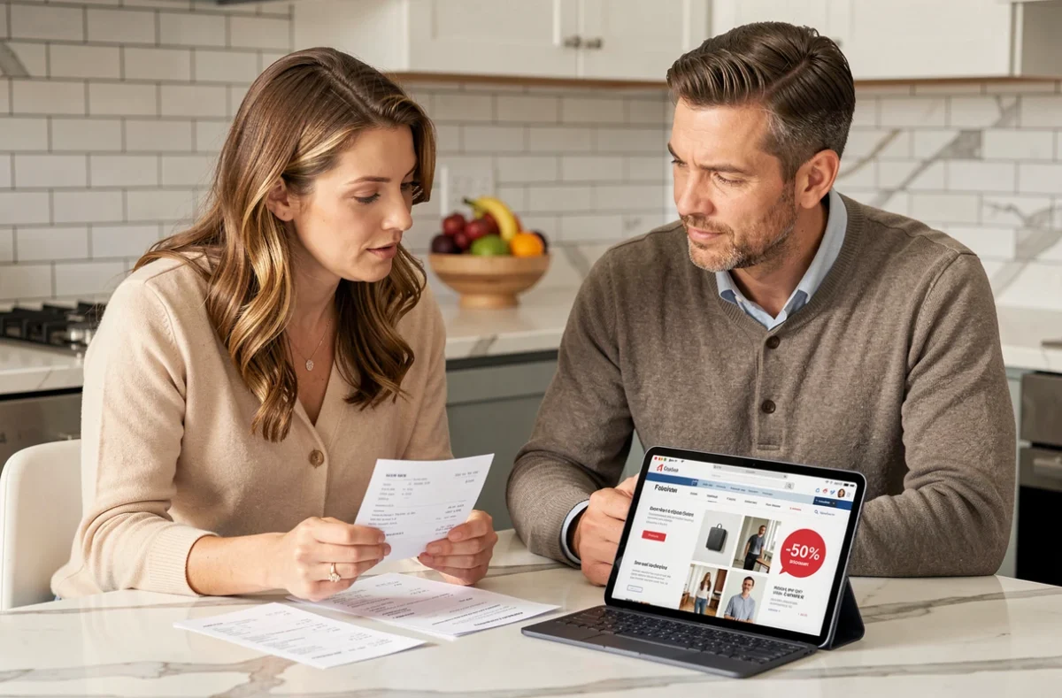 Couple comparant des reçus et vérifiant la fiabilité d'une offre à -50% sur le site KIMEO France