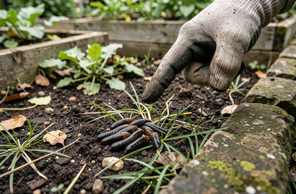 Main gantée de jardinier pointant des crottes de hérisson sur un sol de jardin humide et sombre