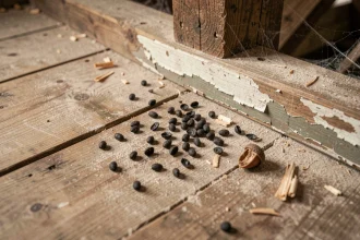 Gros plan de crottes de rongeur sur un plancher en bois d'un vieux grenier, avec débris de noisette et sciure pour identification du nuisible