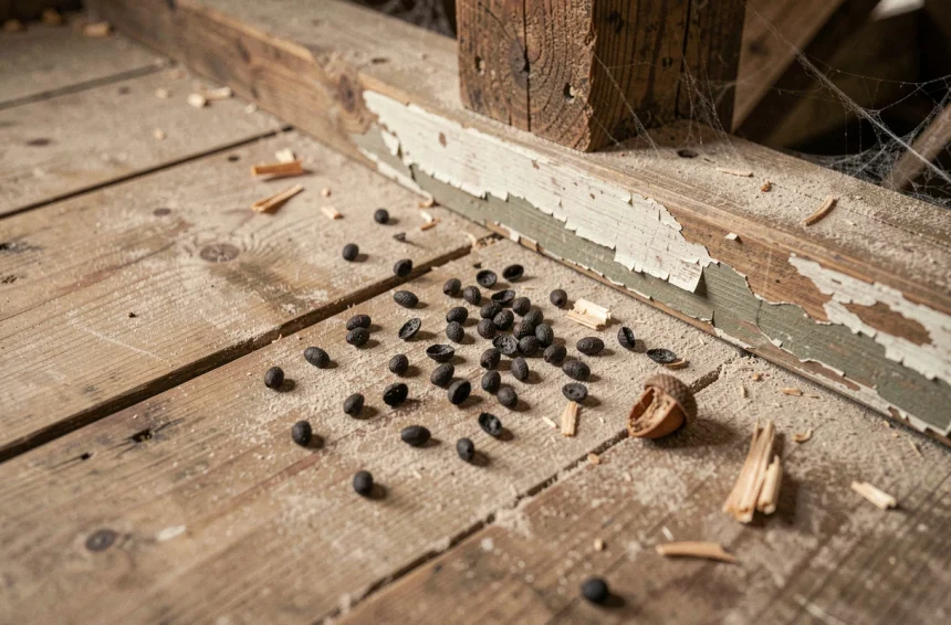 Gros plan de crottes de rongeur sur un plancher en bois d'un vieux grenier, avec débris de noisette et sciure pour identification du nuisible