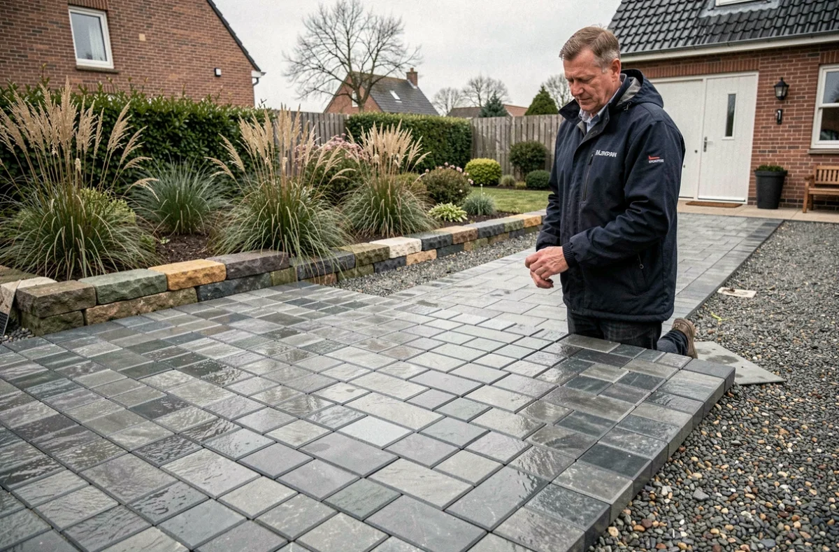 Professionnel Daniel Moquet supervisant l'installation d'une allée pavée et d'un jardin aménagé en Normandie