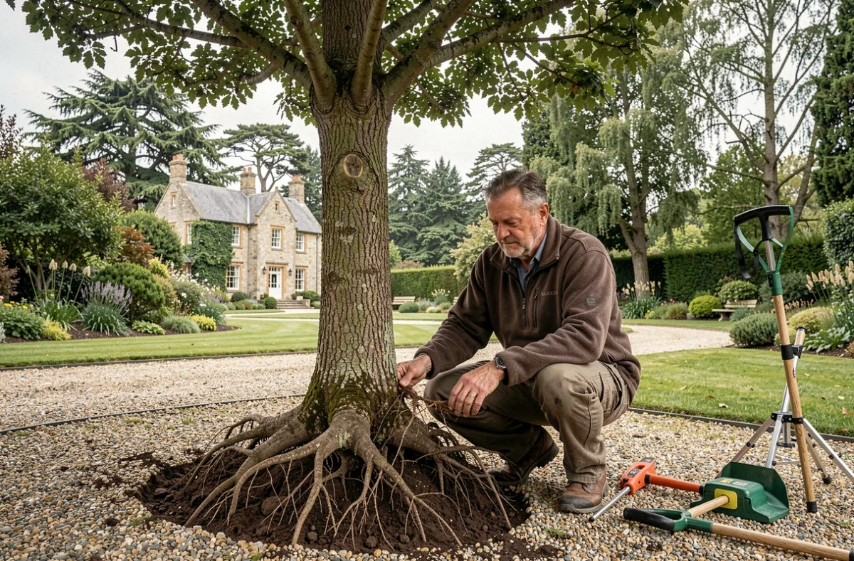 Desert Christophe inspectant le système racinaire d'un arbre transplanté dans un domaine paysager du Calvados