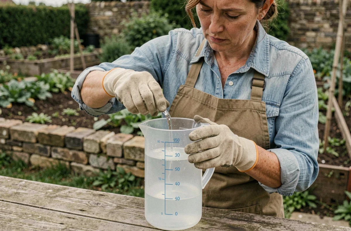 Femme dosant un herbicide au glyphosate dans un pulvérisateur de 5 litres dans un jardin potager