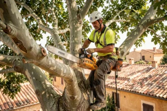 Élagueur professionnel en hauteur dans un platane méditerranéen à Aix-en-Provence, équipé d'un harnais et d'un casque de sécurité