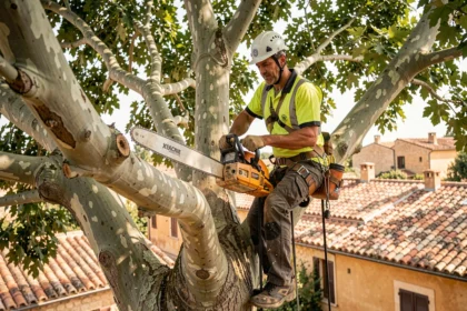 Élagueur professionnel en hauteur dans un platane méditerranéen à Aix-en-Provence, équipé d'un harnais et d'un casque de sécurité