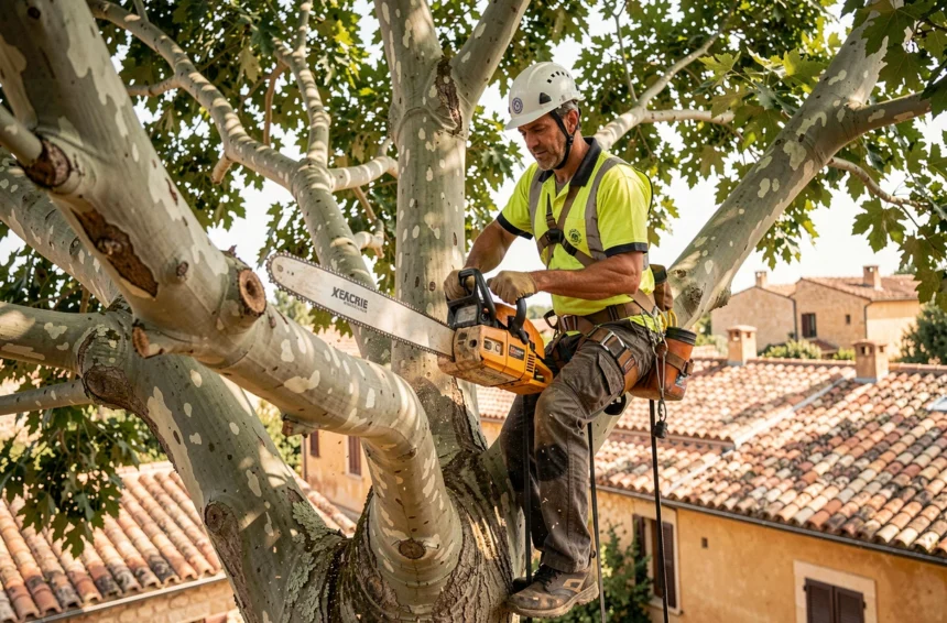 Élagueur professionnel en hauteur dans un platane méditerranéen à Aix-en-Provence, équipé d'un harnais et d'un casque de sécurité
