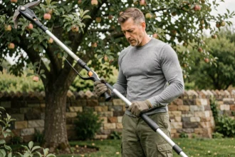 Élagueur professionnel inspectant un manche télescopique Gardena dans un jardin résidentiel avec arbres matures