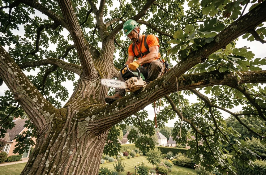 Élagueur professionnel perché dans un chêne avec équipement de sécurité lors d'un élagage à Langon