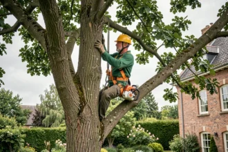 Élagueur professionnel grimpant dans un grand chêne dans un jardin du Pas-de-Calais avec équipement de sécurité complet