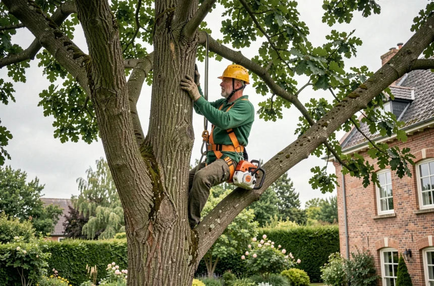 Élagueur professionnel grimpant dans un grand chêne dans un jardin du Pas-de-Calais avec équipement de sécurité complet