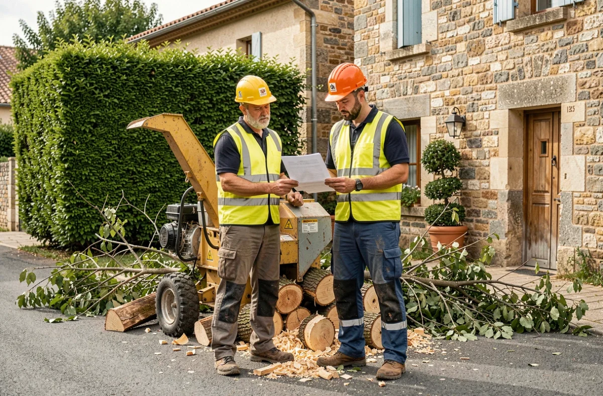 Deux élagueurs consultant un devis près d'un broyeur de branches lors d'un chantier d'élagage à Muret