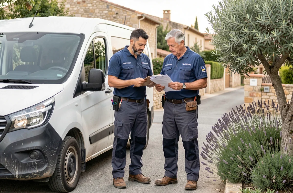 Deux élagueurs comparant des devis près de leur véhicule utilitaire lors d'une consultation à domicile en Provence