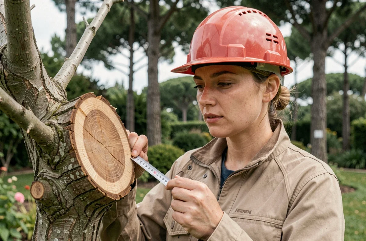 Élagueuse examinant une section de branche coupée dans un jardin en Gironde près de Langon