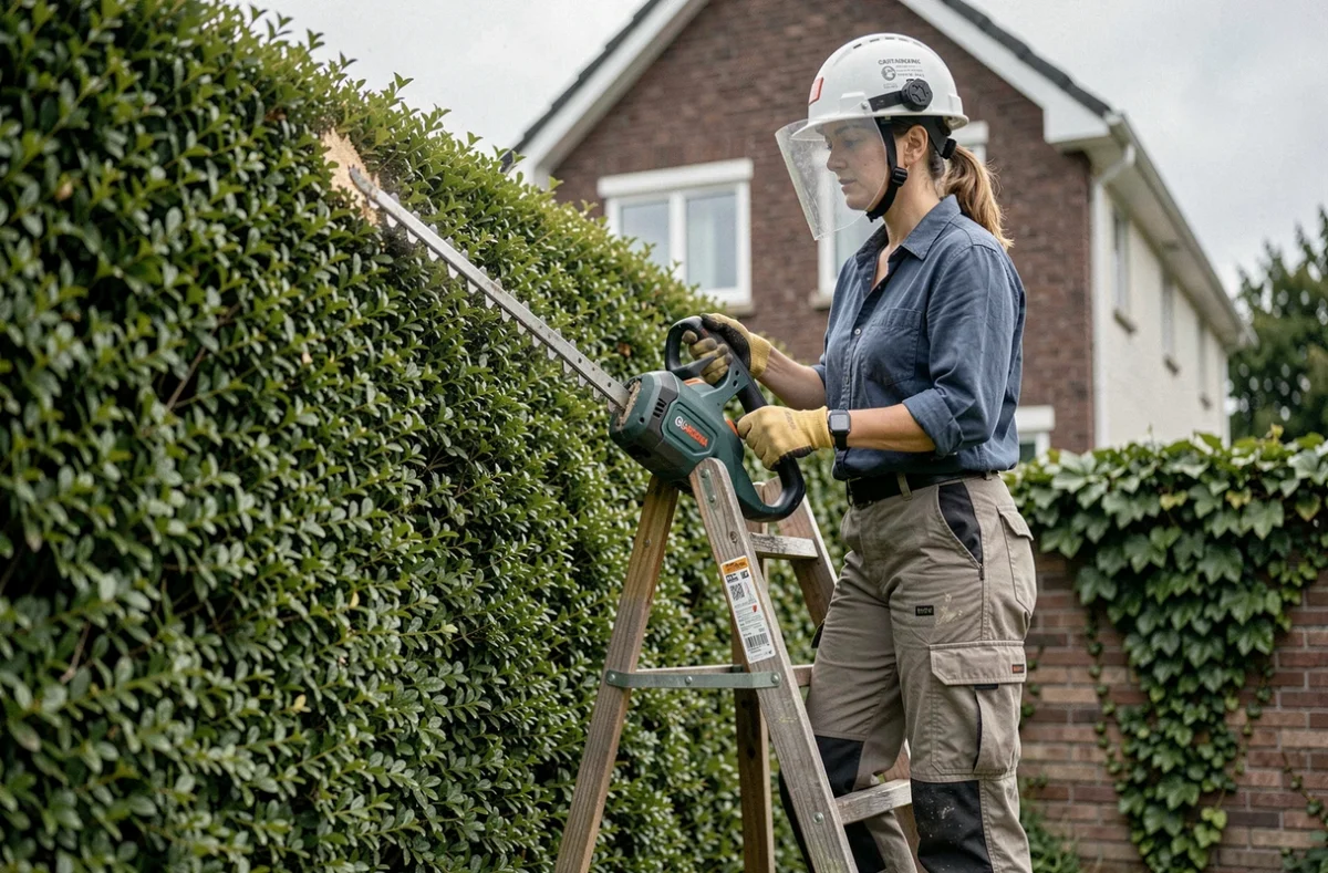 Élagueuse professionnelle utilisant un taille-haie Gardena sans fil sur une échelle dans un jardin urbain